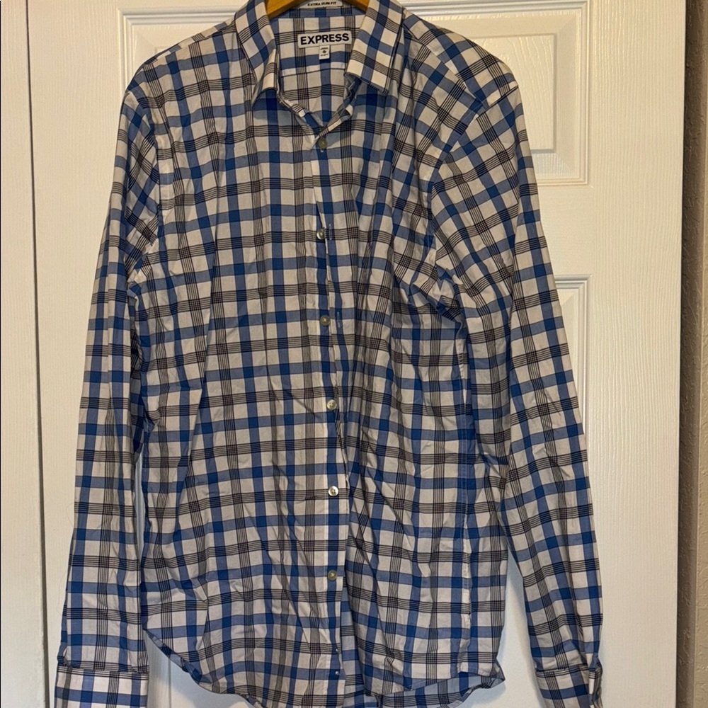 Express Blue and White Casual Button Down Shirt